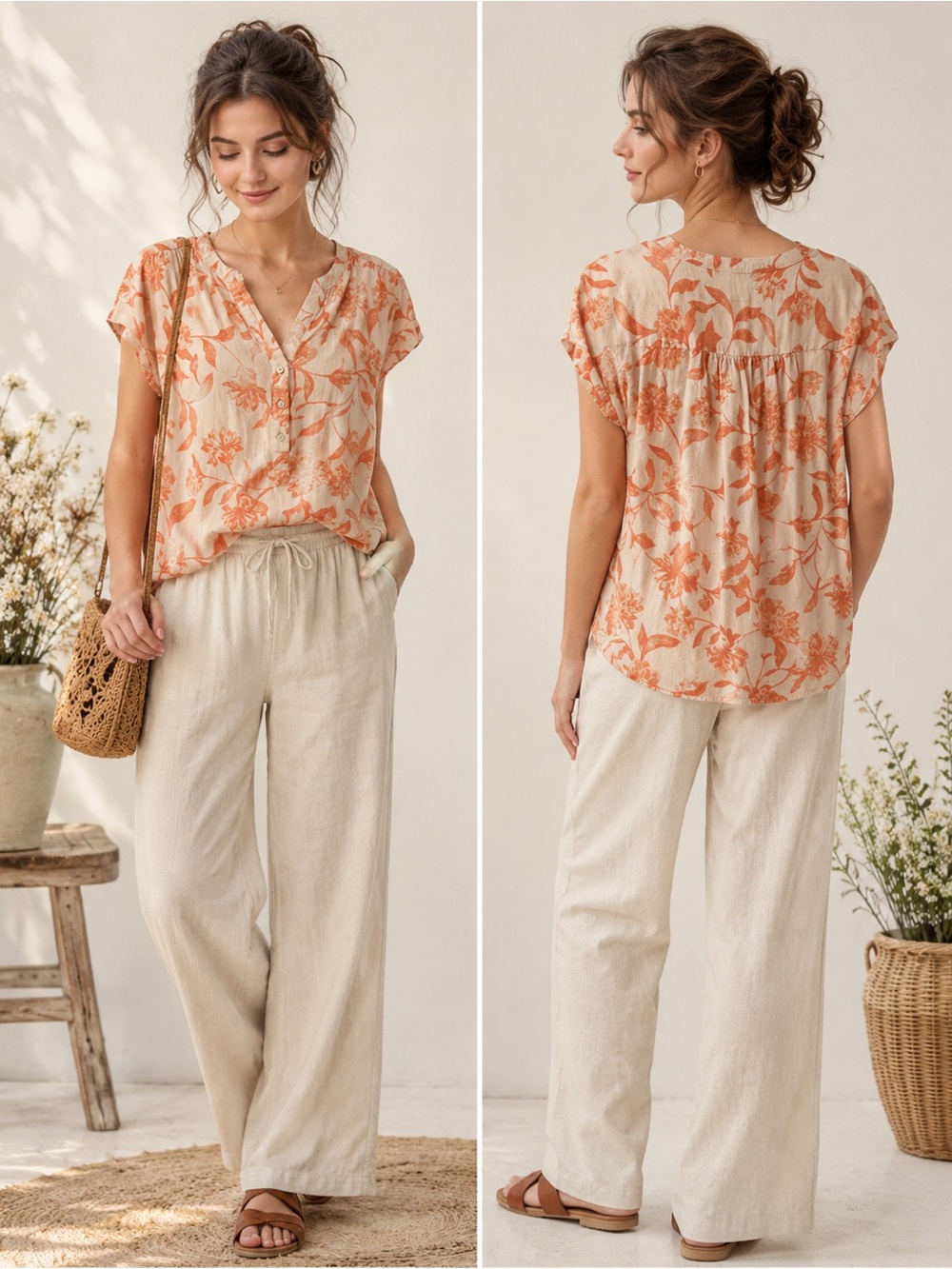Como Blu Women’s Cream & Orange Floral Print Cottagecore Boho Henley Top Medium